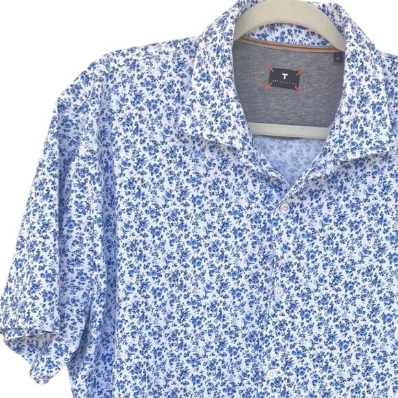 Left Coast Tee Blue White Floral Polo 100% Cotton Button Up XL - Picture 1 of 7